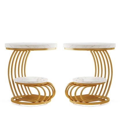 Round Vintage End Table With 2 Tier Storage