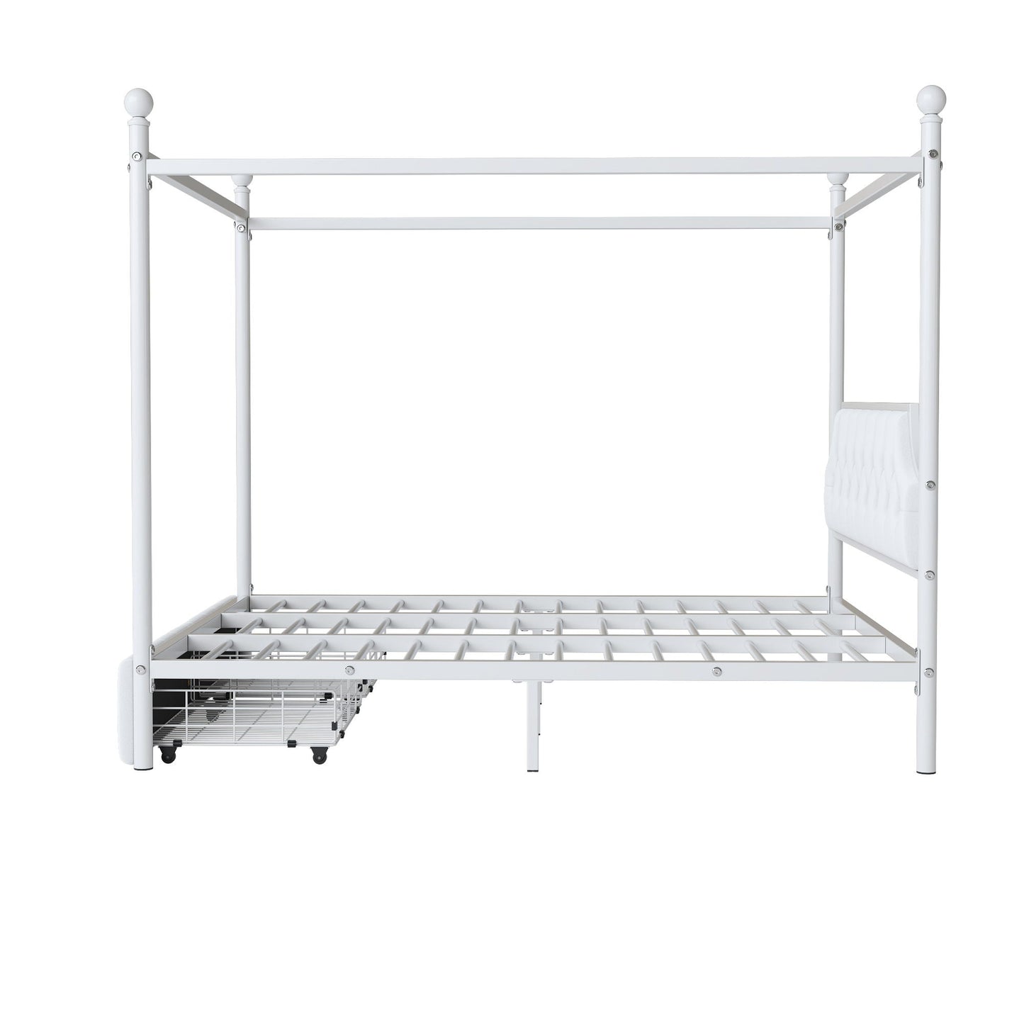 Queen Size Canopy Platform Bed With Upholstered Headboard And 2 Storage Drawers - White