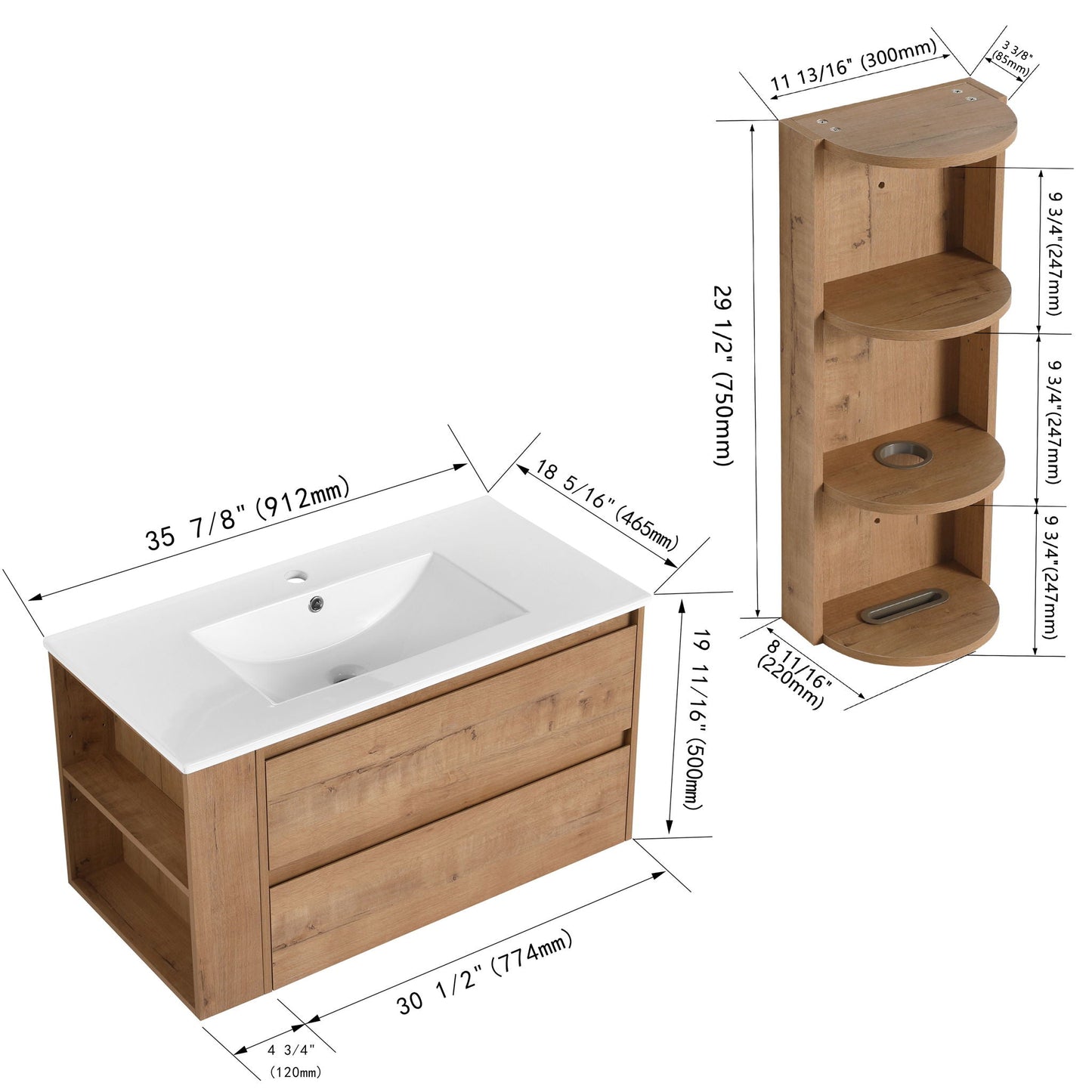 Modern Wall Mounted Bathroom Vanity with Ceramic Sink and Storage Rack