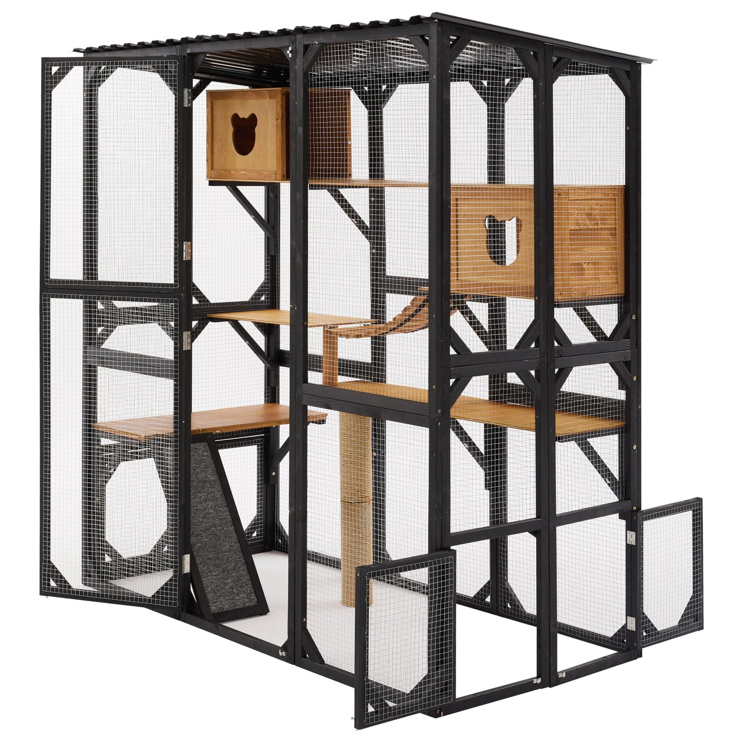 Outdoor Cat Enclosure With Sleeping Houses, Jumping Platforms, Scratching Post