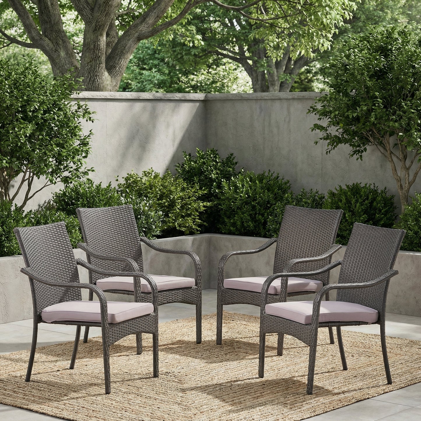 Outdoor PE Rattan Stacking Chair with Iron Frame and Cushions (Set of 4)