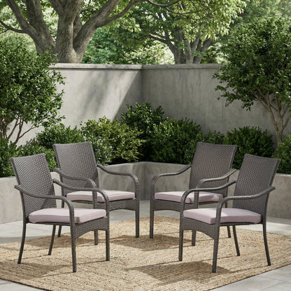 Outdoor PE Rattan Stacking Chair with Iron Frame and Cushions (Set of 4)