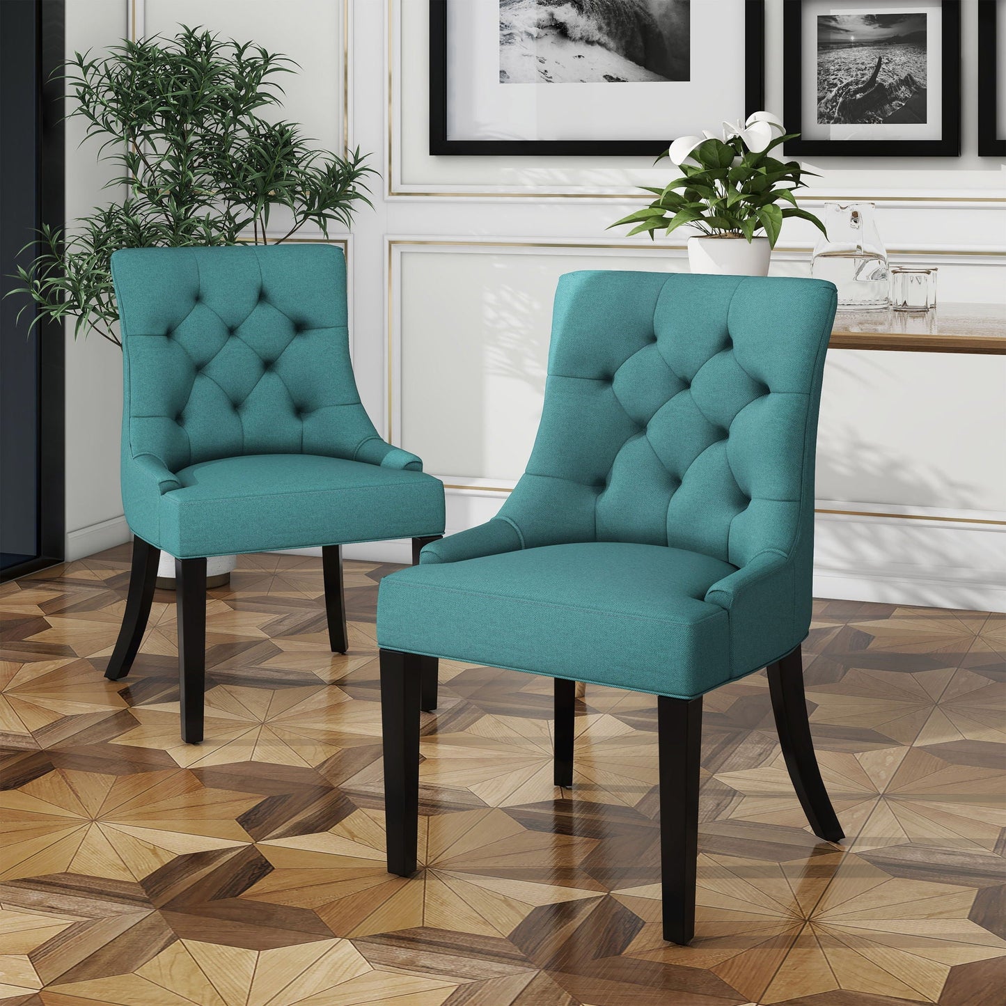 Dining Chair Set of 2 With Upholstered Diamond Tufting And Espresso Birch Legs - Teal