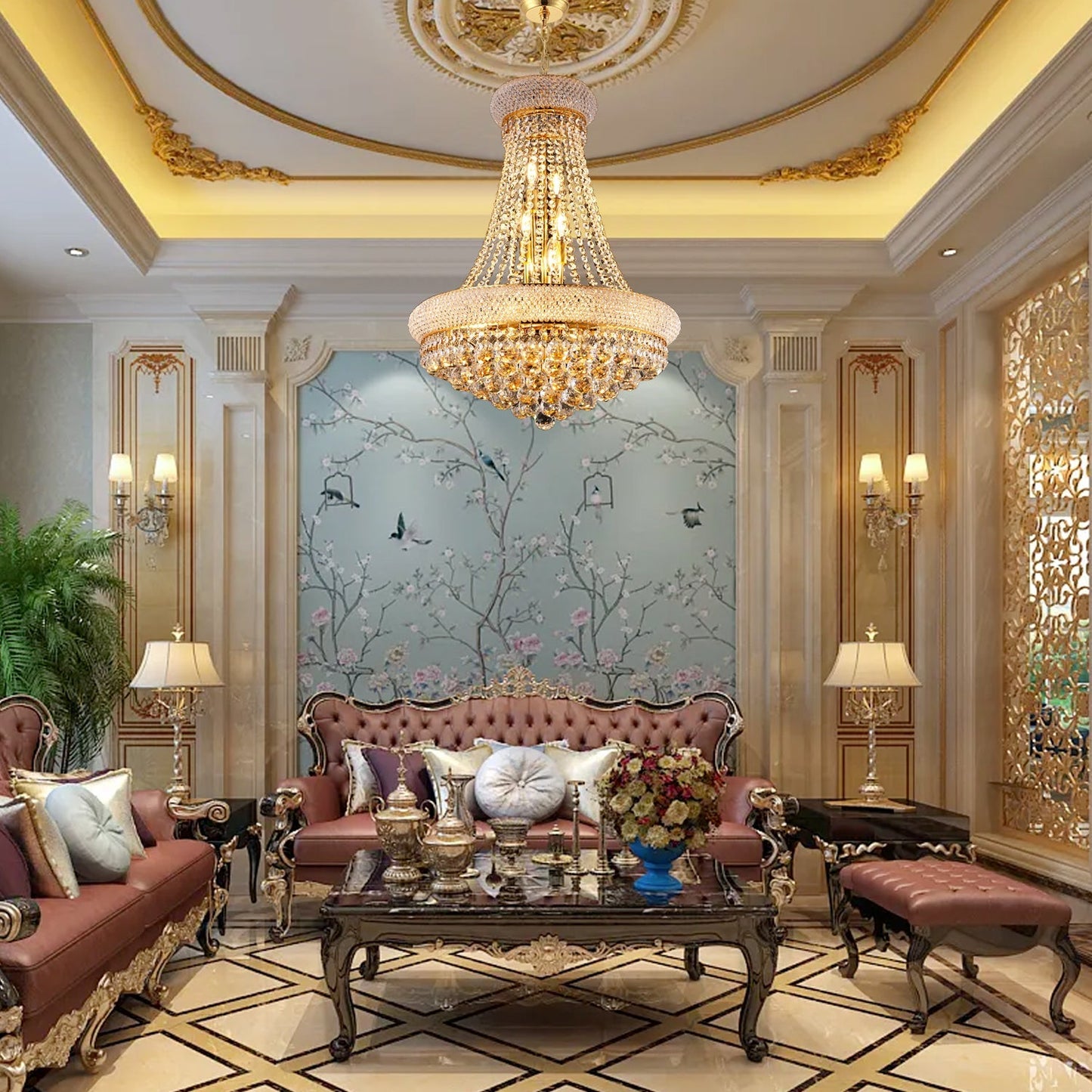 24-Inch Gold Crystal Chandelier, 12-Light French Empire Style Ceiling Light