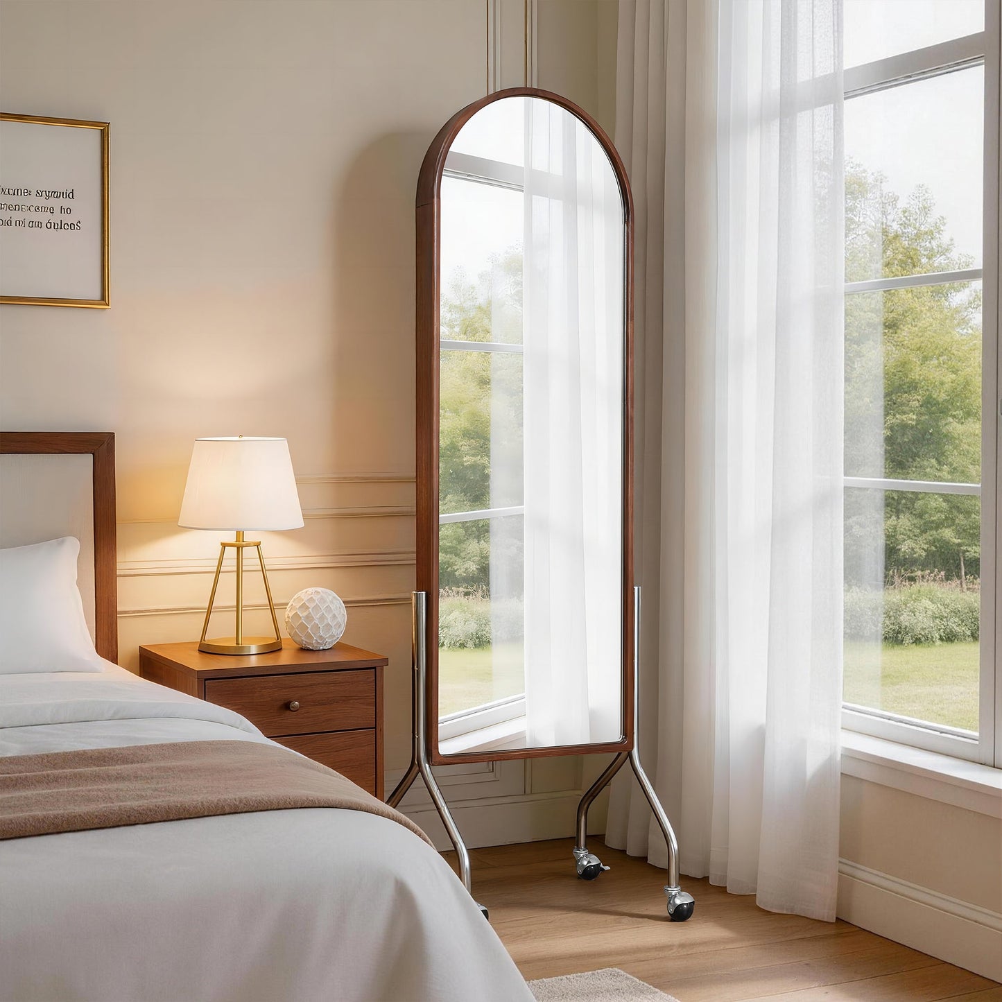 Arched Full Length Mirror with Storage Shelves & Wheels
