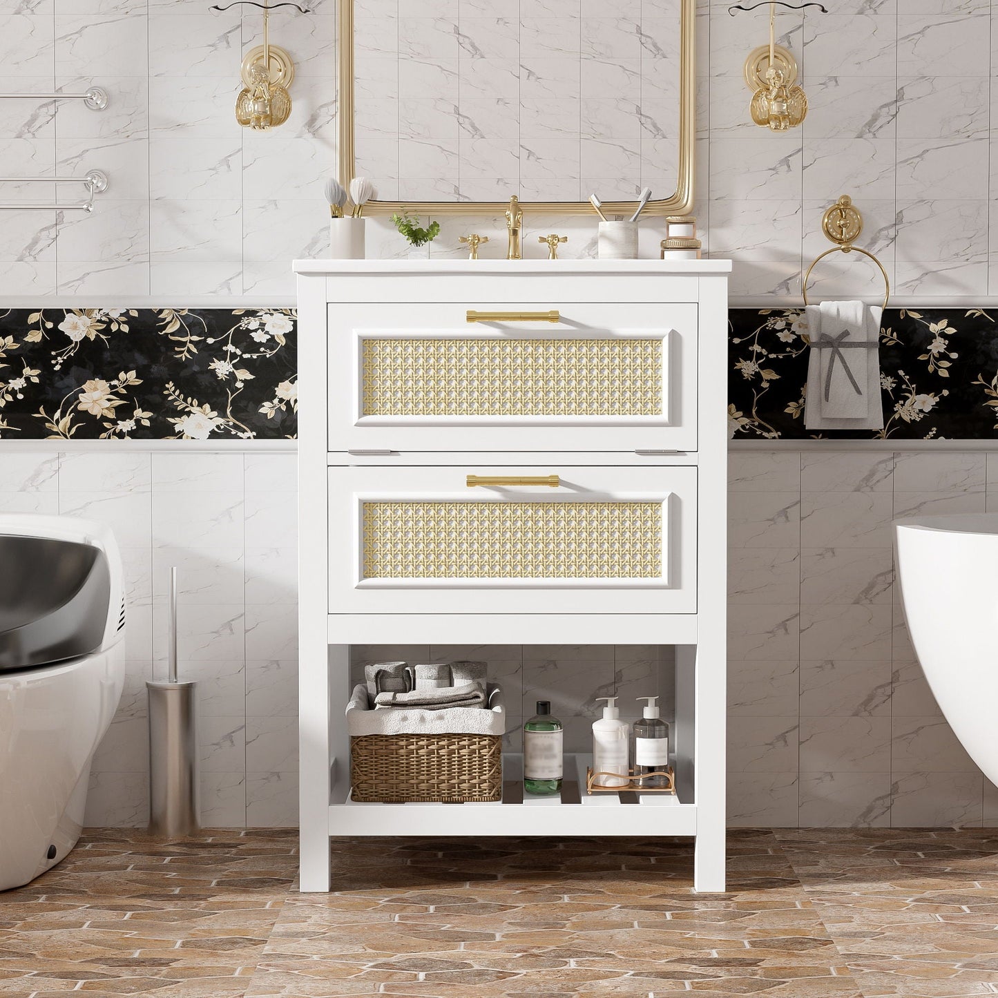 Modern Bathroom Vanity With Integrated Sink, Cabinet With 1 Deep Drawer And 1 Tip-Out Drawer