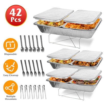 42Pcs Disposable Chafing Dish Buffet Set Chafing Servers with Covers Spoons Forks Tongs Full-Size Pans Food Warmers for Parties Events Catering Suppli