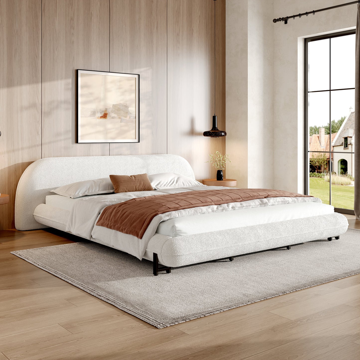 California King Size Bed Frame with Boucle Fabric and Thick Headboard