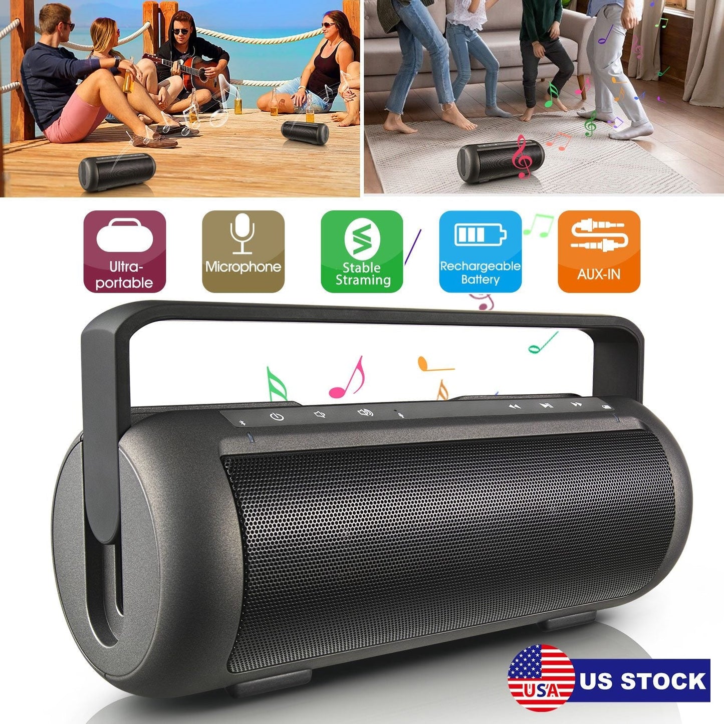 iRola Wireless Speaker Powerful Dual Subwoofer Stereo Bass Noise Cancelling w/Mic Aux-in for Camping Party
