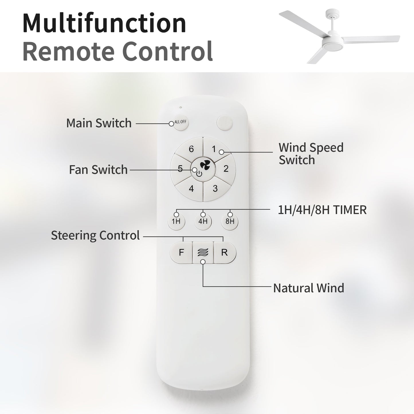52" Ceiling Fan Without Light with Remote Control and Reversible DC Motor