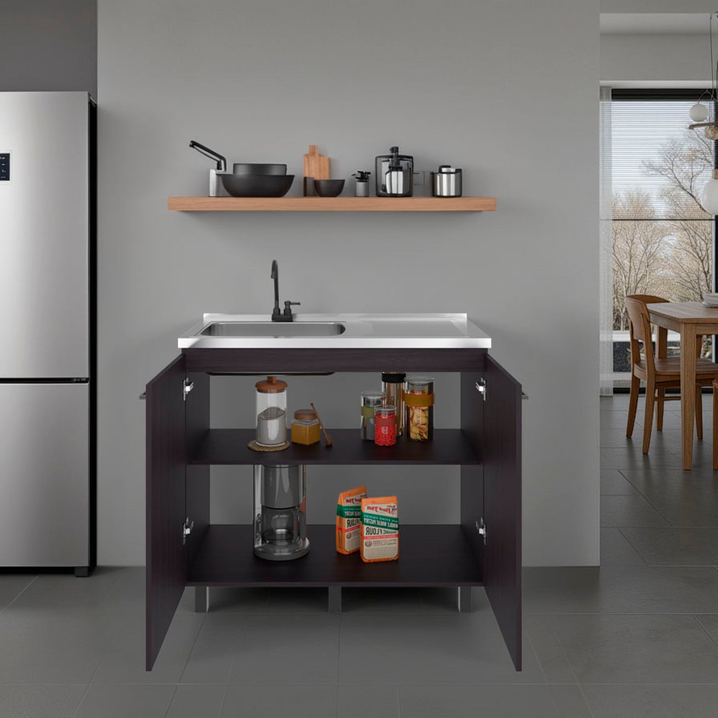 Napoles 2 Utility Sink with Cabinet, Stainless Steel Countertop, Interior Shelf - Wenge