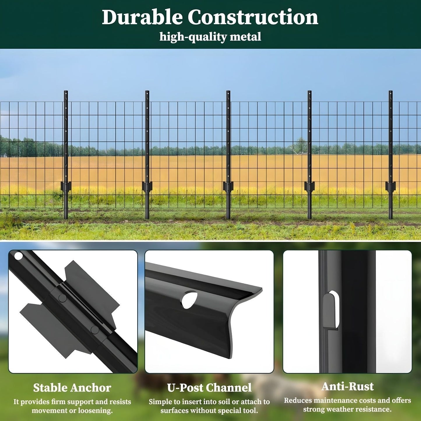4 Foot U-Shaped Metal Garden Fence Posts Set for Wire Mesh Fencing
