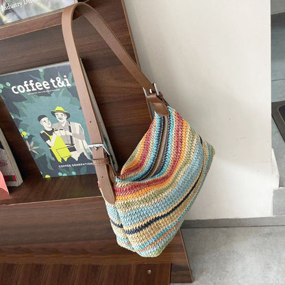 Summer Rainbow Straw Bag for Women – Casual Large Capacity Beach Vacation Shoulder Fashion Bag Hobo