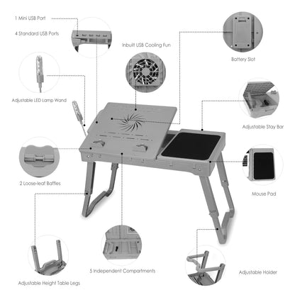 Foldable Laptop Table Bed Notebook Desk w/Cooling Fan Mouse Board LED light 4 x USB Ports Breakfast Snacking Tray with Storage Groove For Home Office