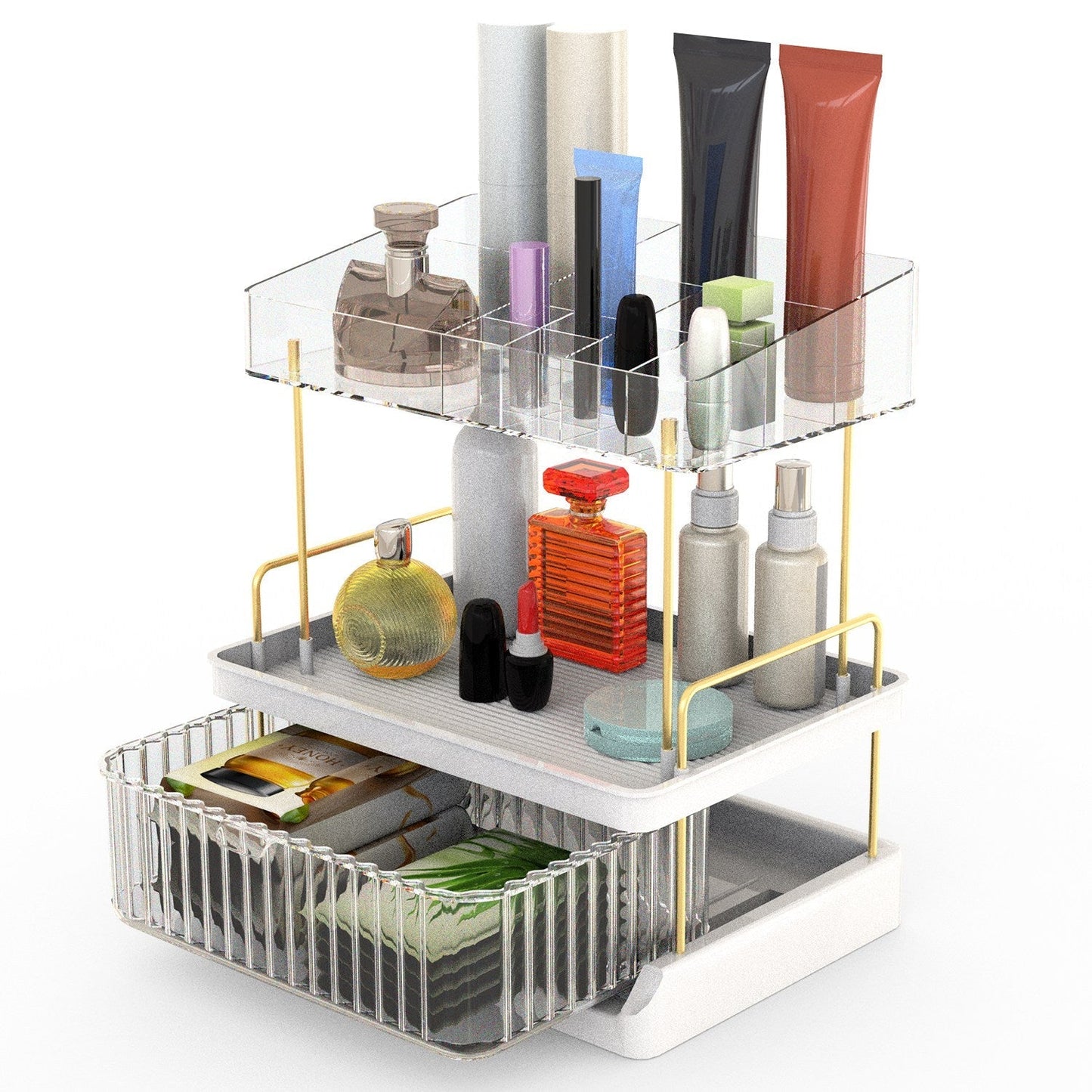 3 Tier Makeup Organizer for Vanity Large Capacity Skincare Shelf Bathroom Countertop Organizer with Drawer for Lipsticks Lotion Toner Perfumer Masks