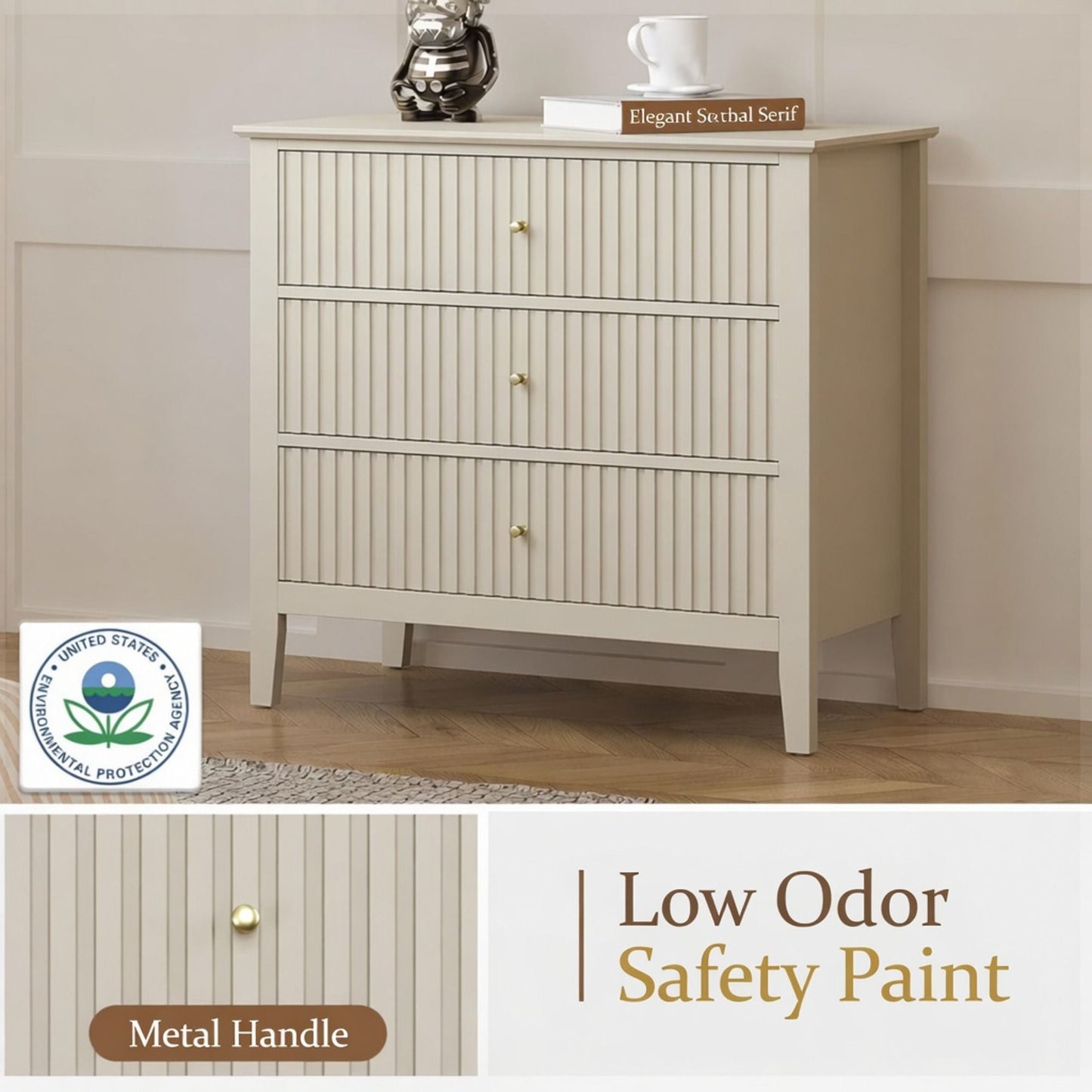 Fluted 3 Drawer Nightstand With Soft Close Slides