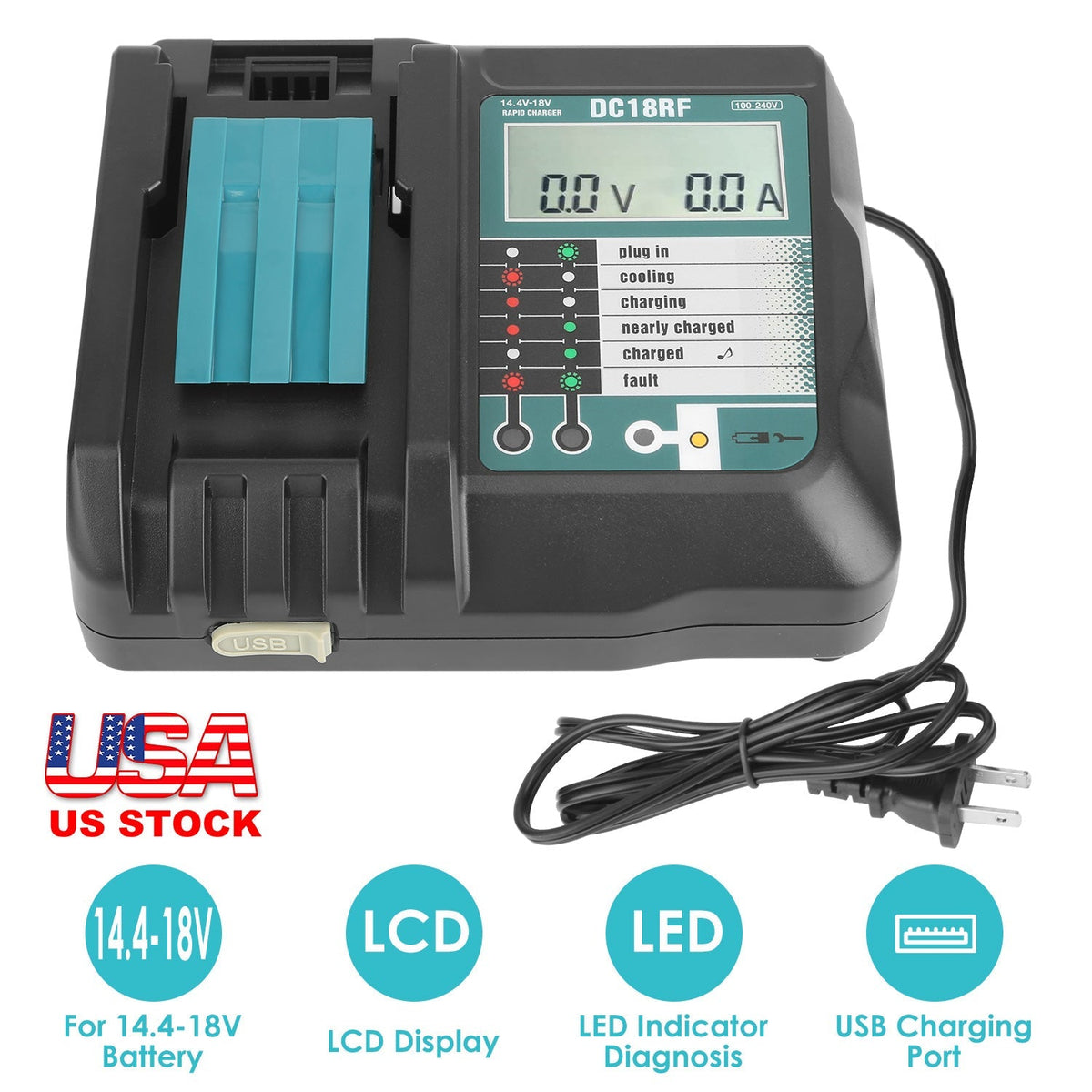 Rapid Charger Replacement Fit for Makita 14.4-18V Battery BL1860 BL1830 BL1850 with_x000B__x000B_LCD Display USB Port