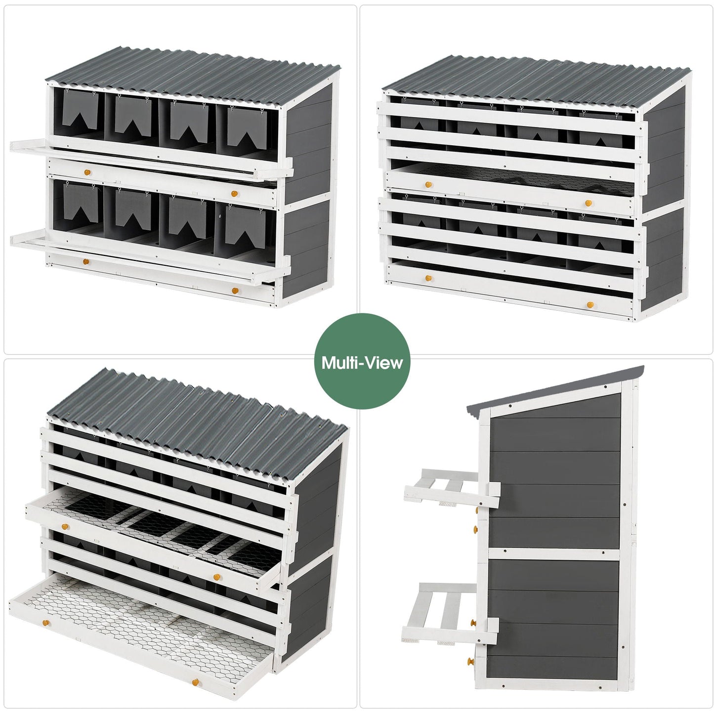 Wooden Chicken Nesting Box With 2 Egg Collection Drawers - White / Gray