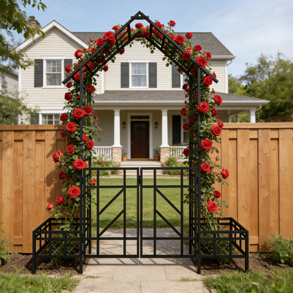 Metal Garden Arch with Gate and Planter for Climbing Plants