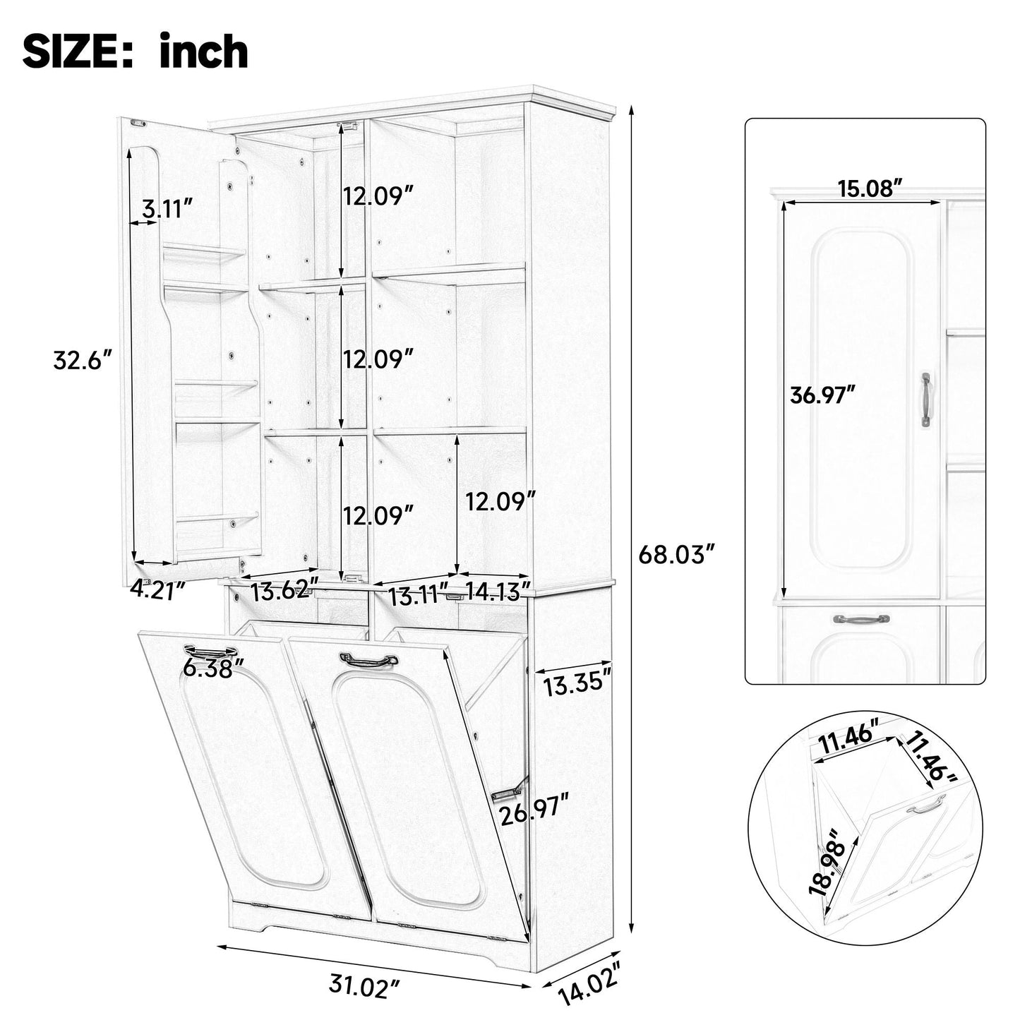 Freestanding Tall Storage Cabinet With 2 Tilt-Out Hampers