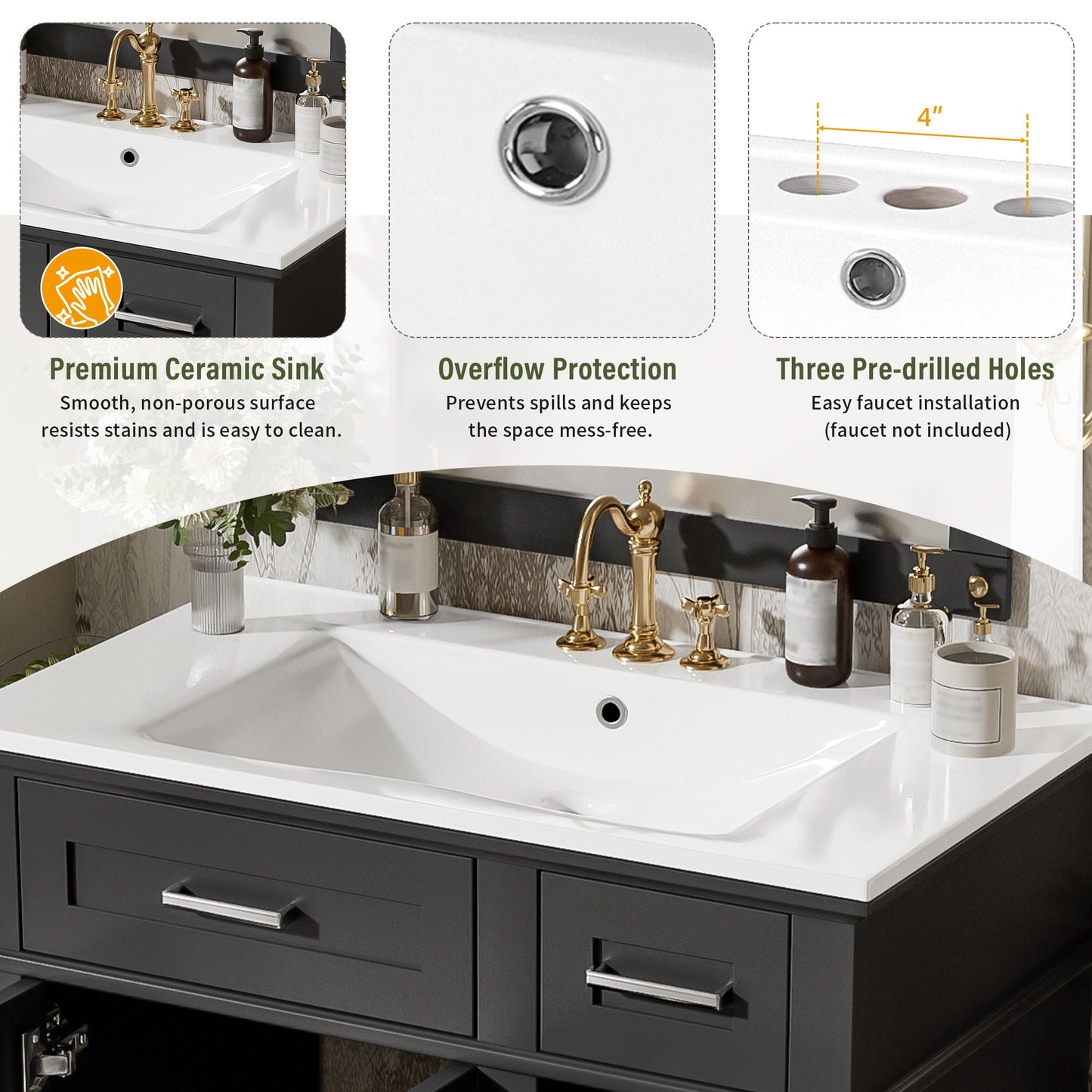 Modern Bathroom Vanity With Sink, Storage Cabinet, Soft Close Doors, Deep & Standard Drawers