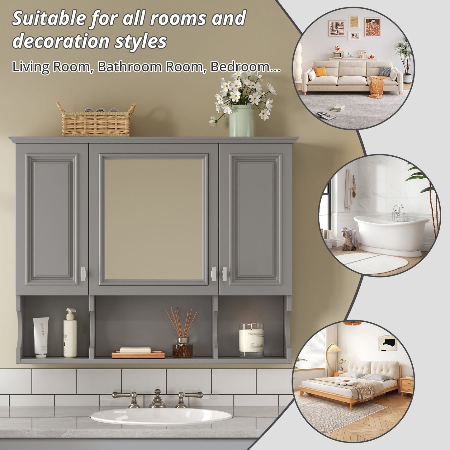 Wall Mounted Bathroom Medicine Wall Cabinet With Mirror & Open Shelves