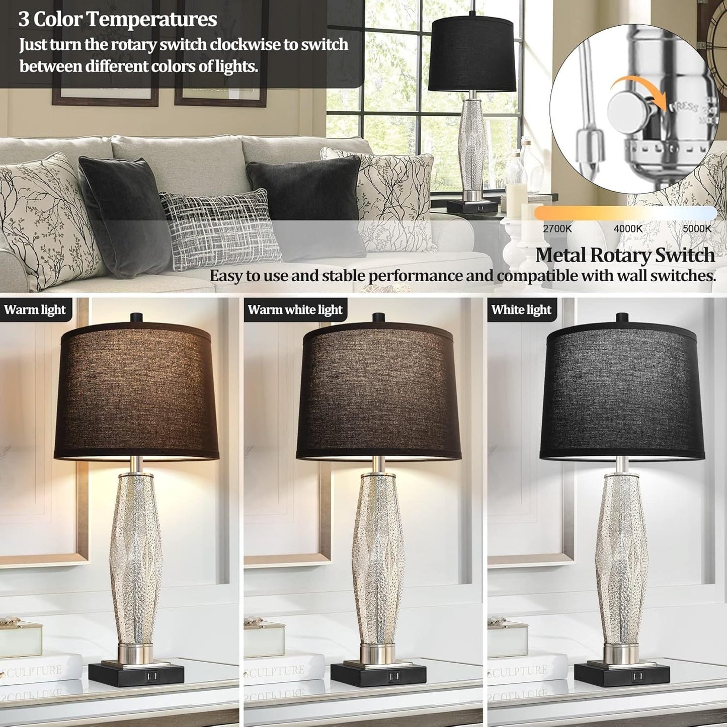 Table Lamps Set of 2 with USB Charging Ports