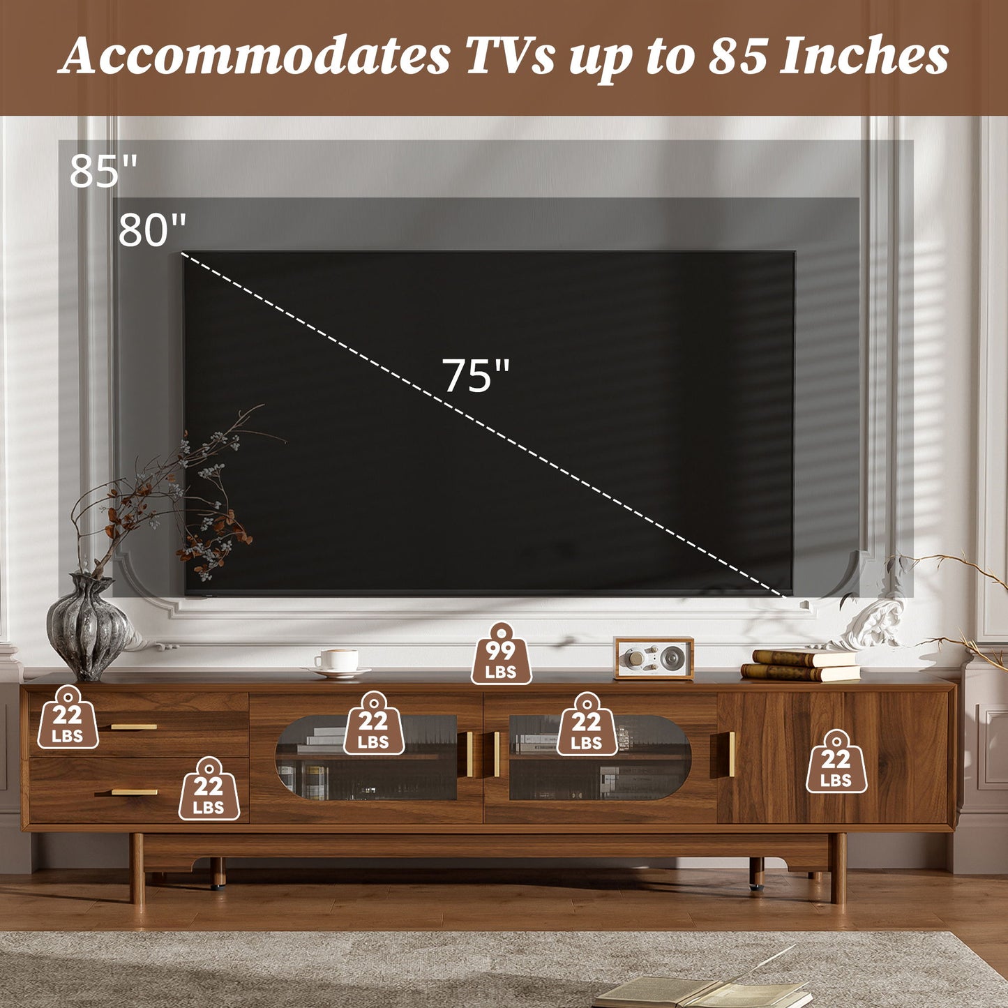 Modern TV Stand With Fluted Glass Doors & 2 Drawers