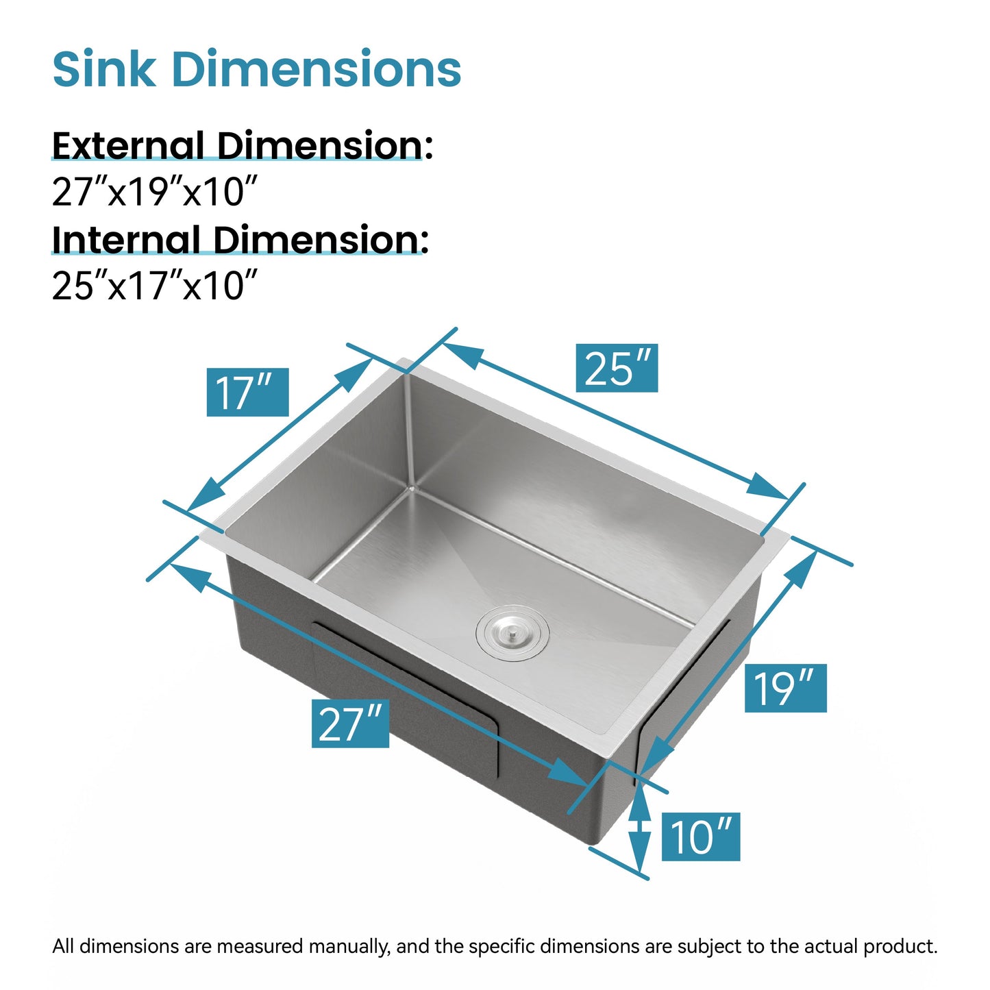 Stainless Steel Kitchen Sink, 27″x19″ Single Bowl, Undermount Handmade Sink in Brushed Nickel