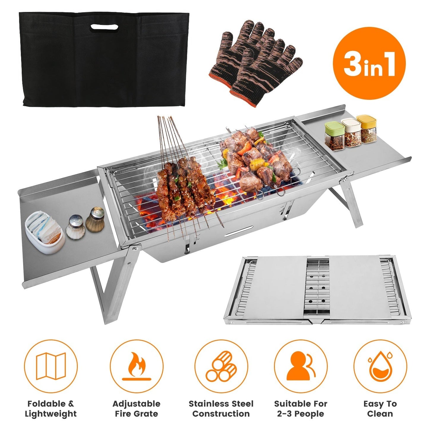 3 In 1 Foldable Charcoal Grill Fire Pit Slow Cooker 2-3 People Portable Camping Grill Stainless Steel BBQ Grill for Camping Tailgating Yard