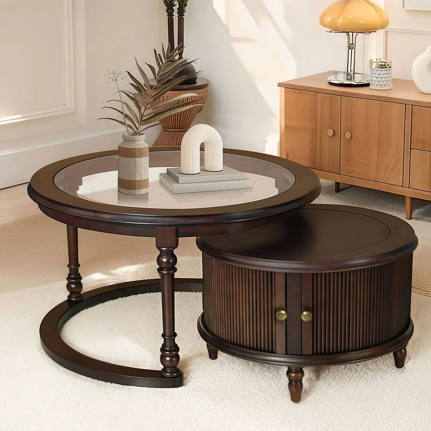Modern Nesting Coffee Table Set with Glass and Solid Wood Frame