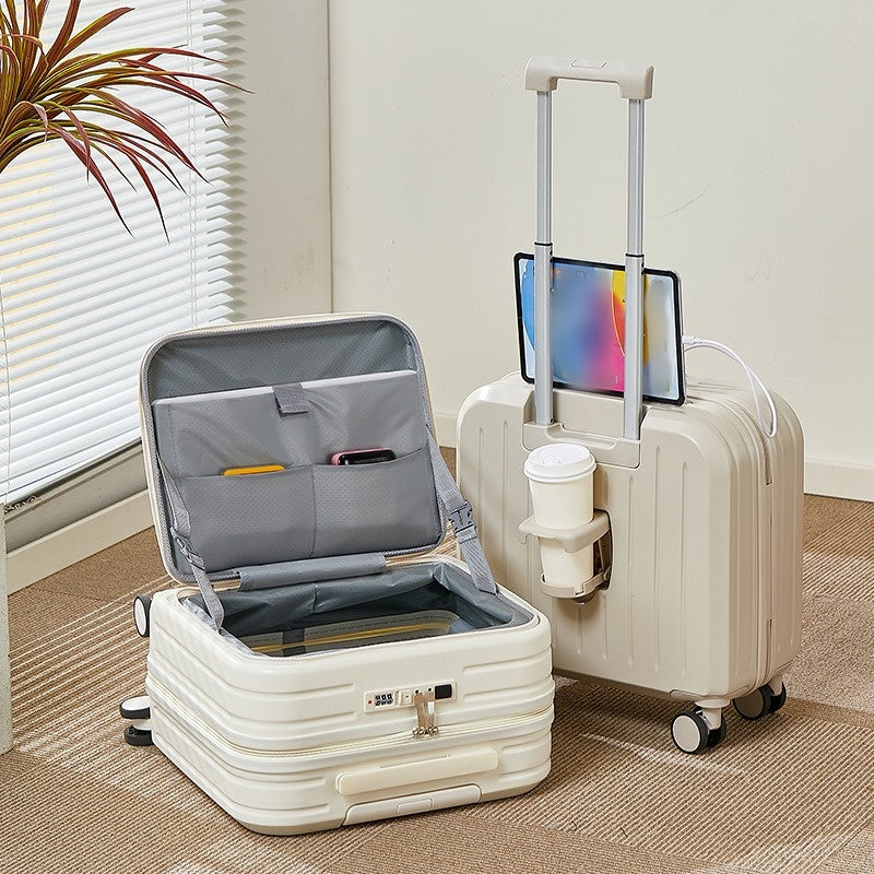 Front Opening Luggage Compartment With Front Open Tray And 20 Inch Cabin, Expandable Folding Cup Holder, Hidden Phone Holder, Dual USB Chargers. Travel Carrier