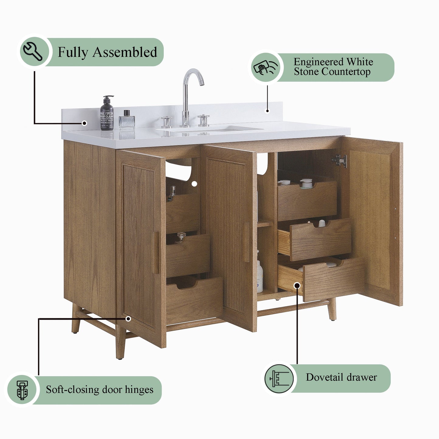 Fully Assembled 48" Freestanding Single Sink Light Coffee Bathroom Vanity