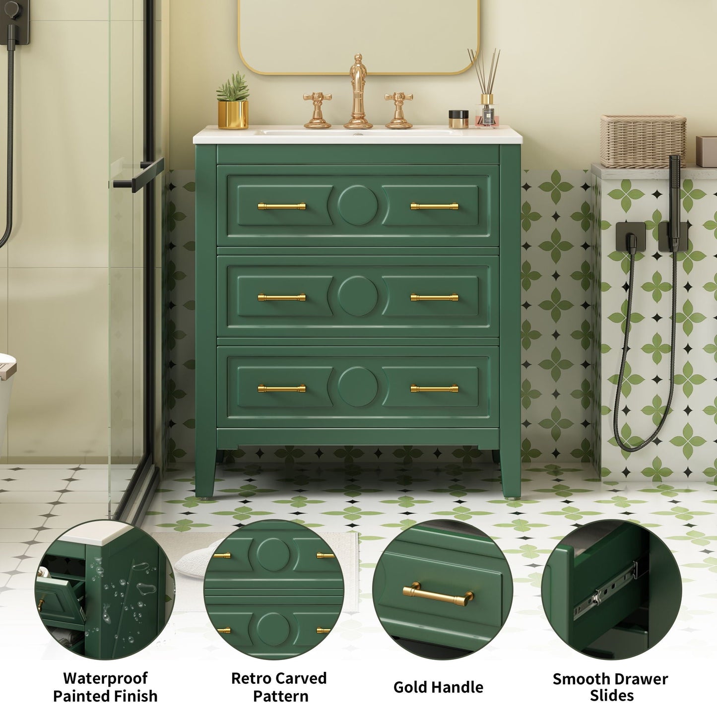 Retro Bathroom Vanity With Sink Combo, Free Standing Single Set With 3 Drawers