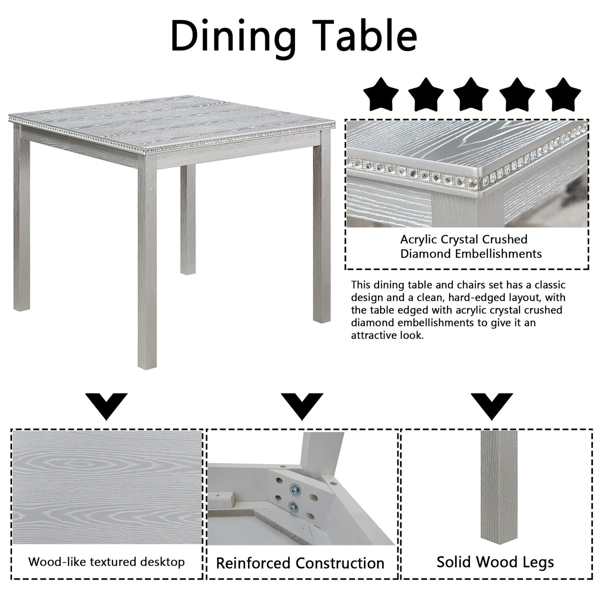 Dining Table Set With Crystal Decoration And Upholstered Chairs