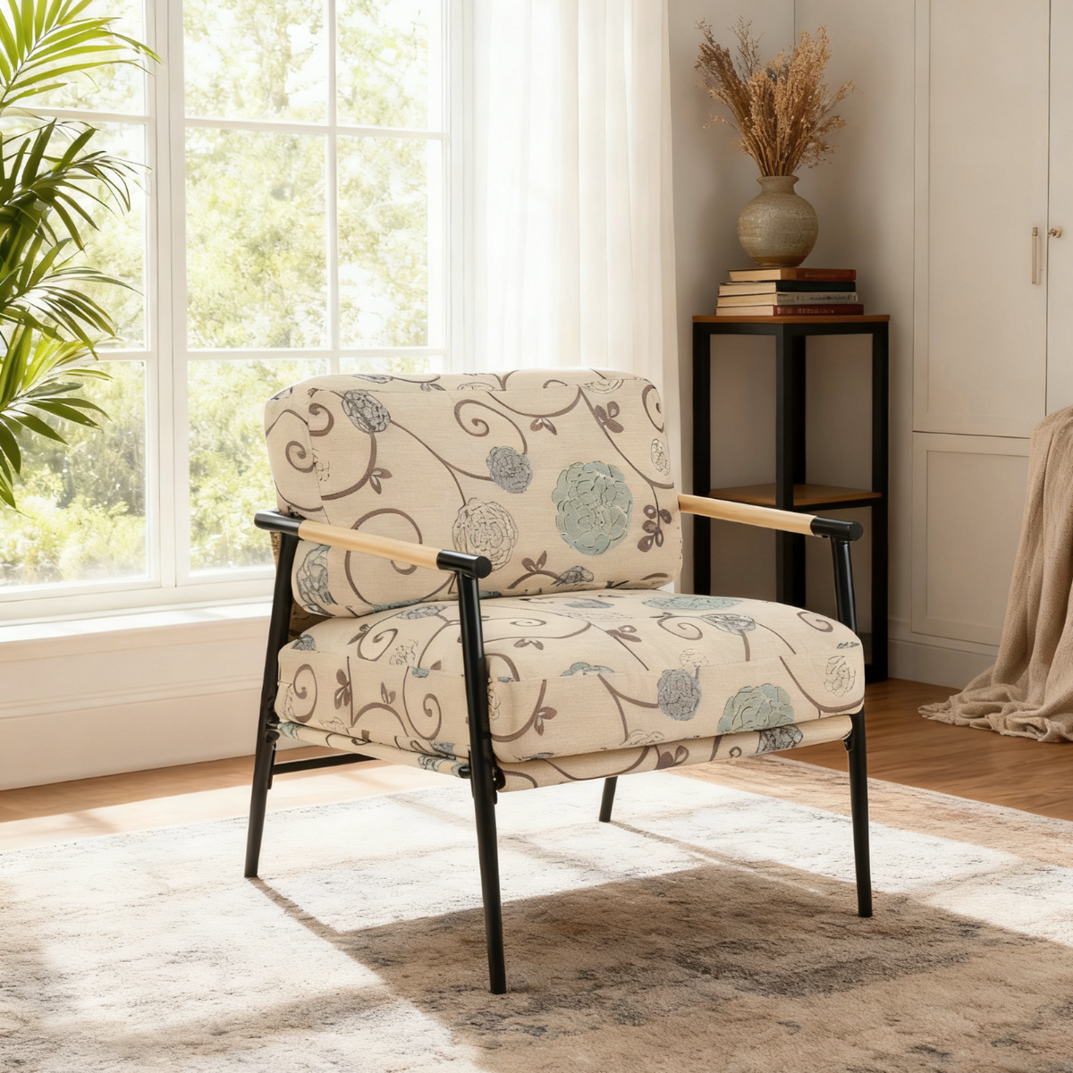27.56" Modern Accent Chair with Plush Cushions and Wooden Armrests