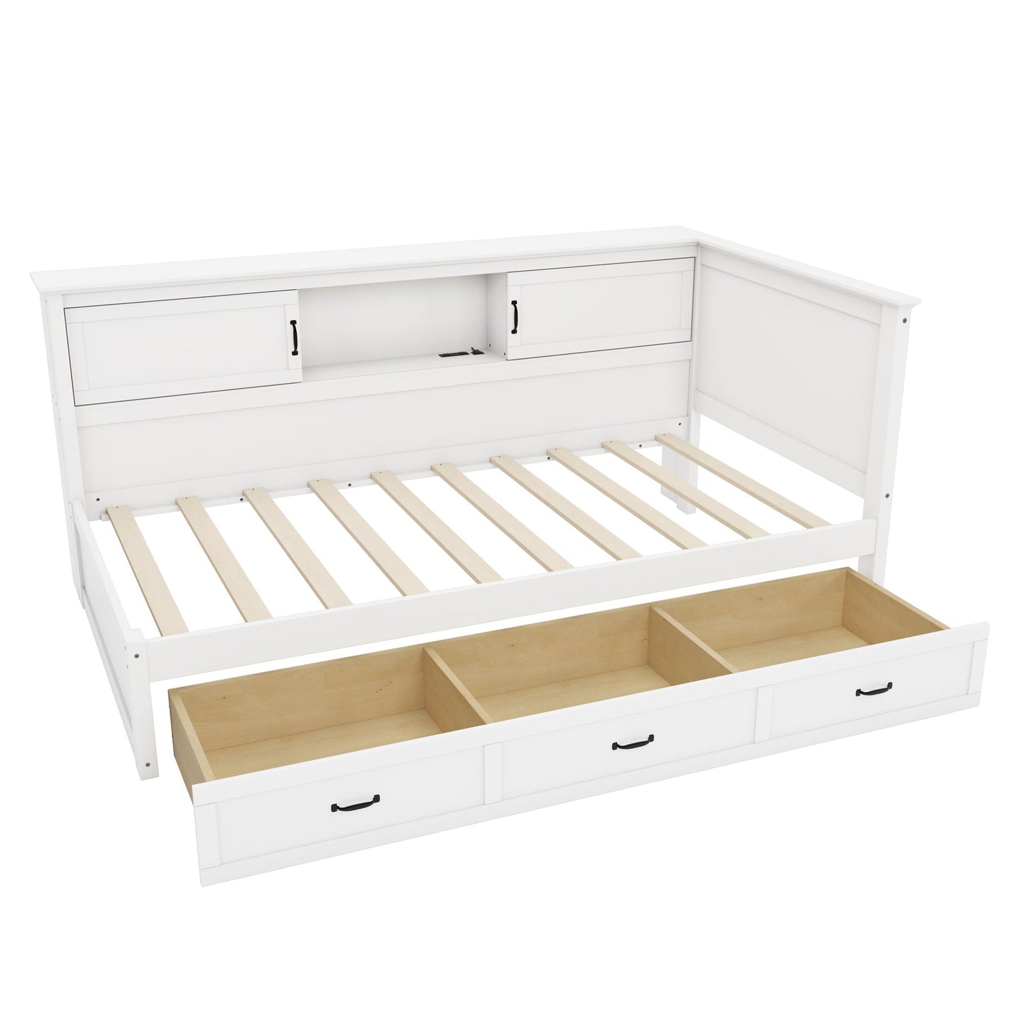 Twin Size L - Shaped Captain Bed With Drawer And Bookcase, LED Downlight And USB Charging Station - White