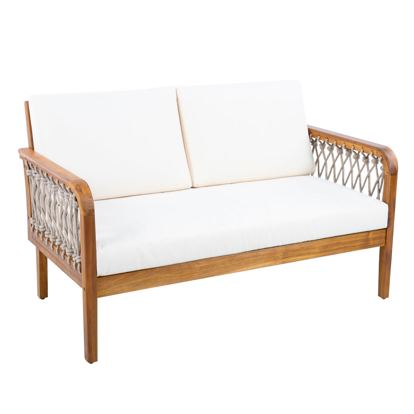 Outdoor Acacia Wood Loveseat & Coffee Table Set with Handwoven Rope, Teak Finish