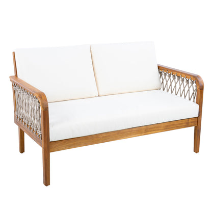 Outdoor Acacia Wood Loveseat & Coffee Table Set with Handwoven Rope, Teak Finish