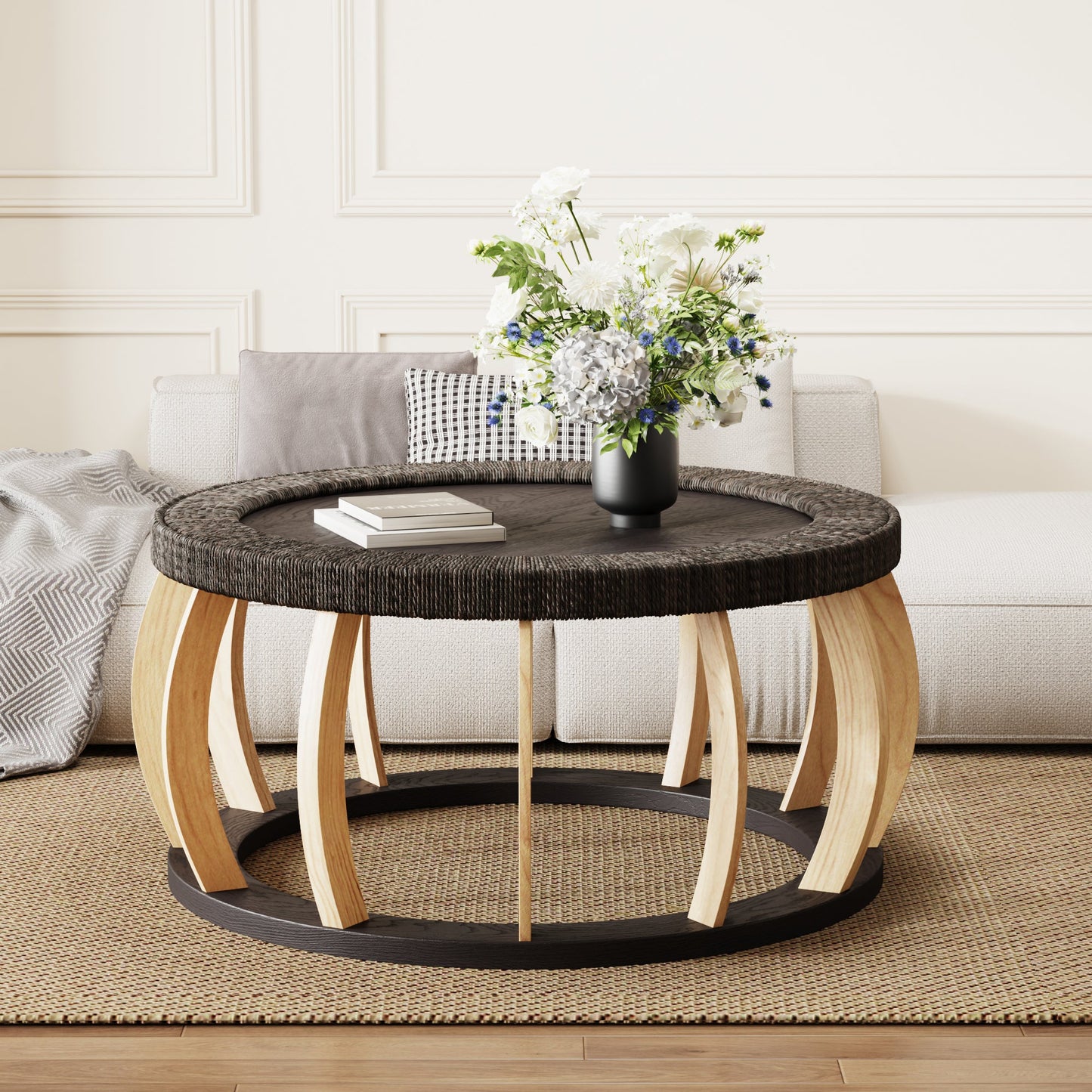 Vintage Rattan Solid Wood Round Coffee Table