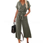 Women's Wide-Leg Jumpsuit Relaxed V-Neck Tie-Waist with Pockets Summer