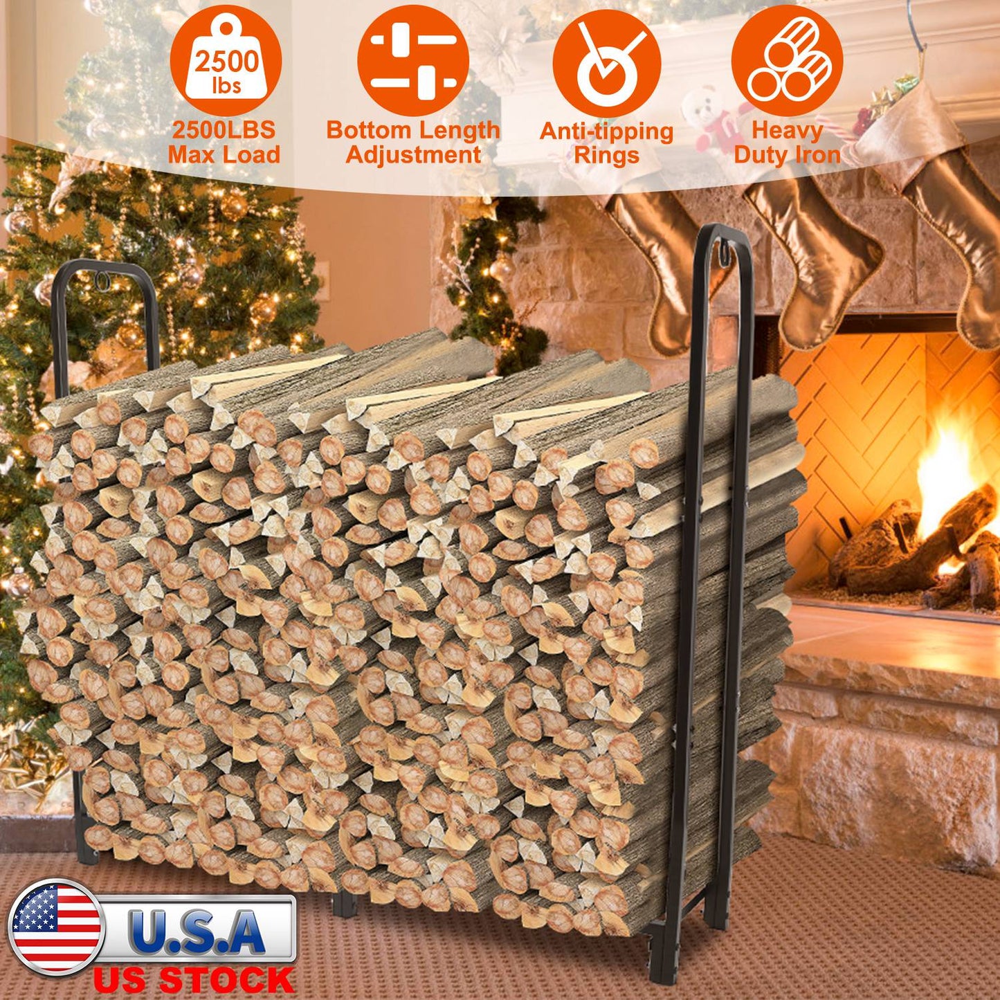 Firewood Log Rack 2500LBS Iron Wood Lumber Storage Stacking Rack 4.03ft Heavy Duty Pile Lumber Storage Holder for Fireplace Firepit
