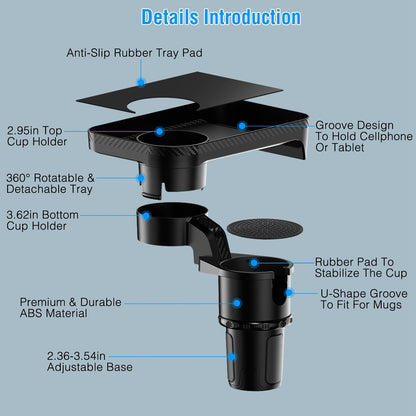 Car Cup Holder TrayÊ360¡ Rotating Car Bottle Holder Expander Adapter Multifunctional Water Cup Mount Stand with Detachable Tray