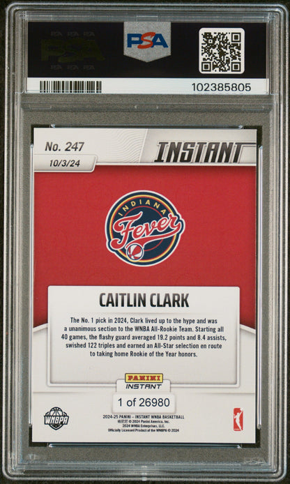 Graded 2024 Panini Instant WNBA Caitlin Clark #247 2024 WNBA All Rookie Team Rookie RC Basketball Card PSA 10 Gem Mint