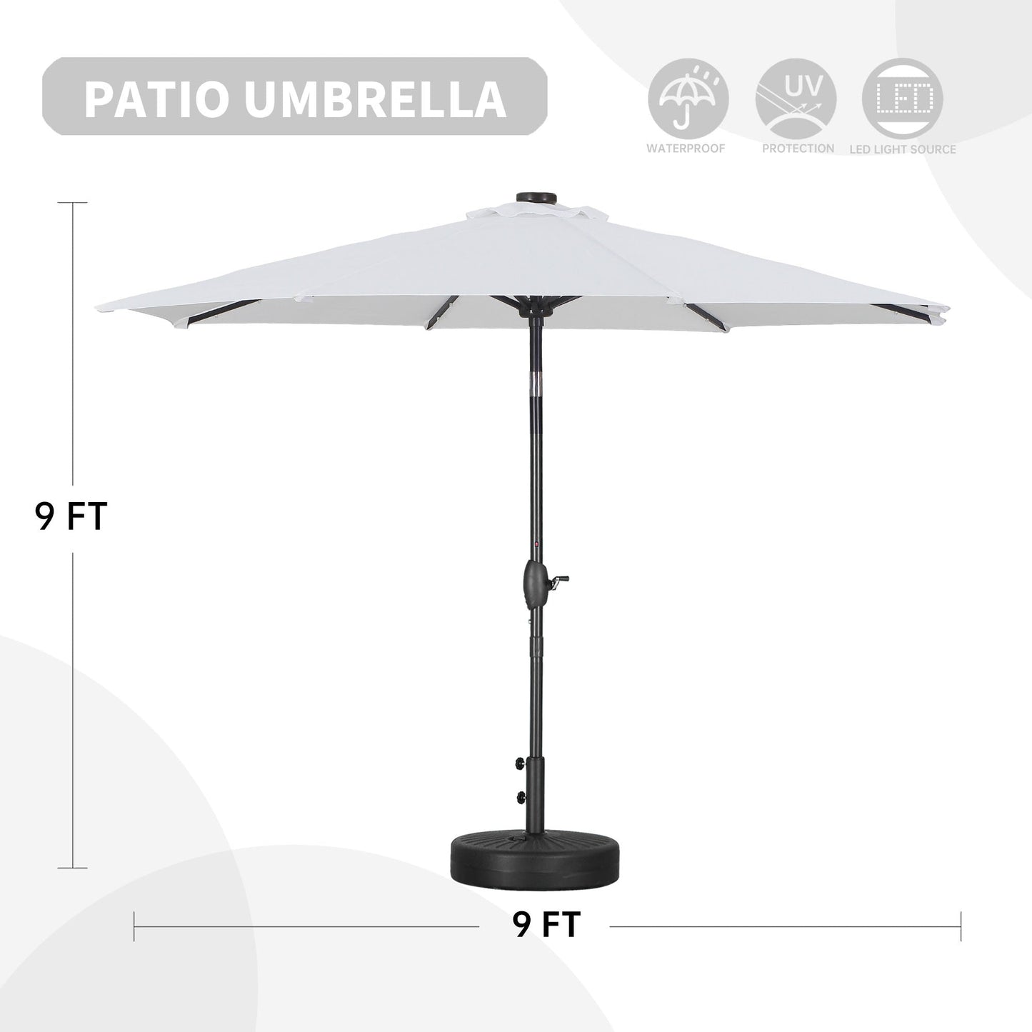 9ft Solar 32 LED Lighted Umbrella with 8 Ribs Adjustment and Crank Lift System for Patio Waterproof Sun Protection-Without Base
