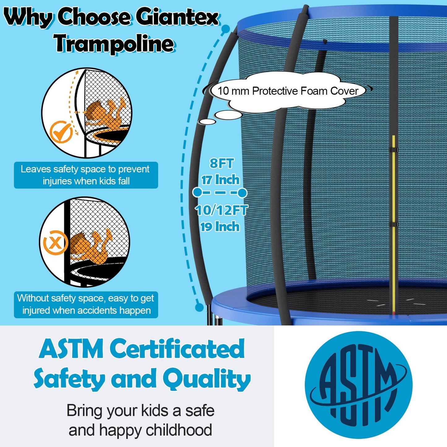 8 Feet ASTM Approved Recreational Trampoline with Ladder-Blue