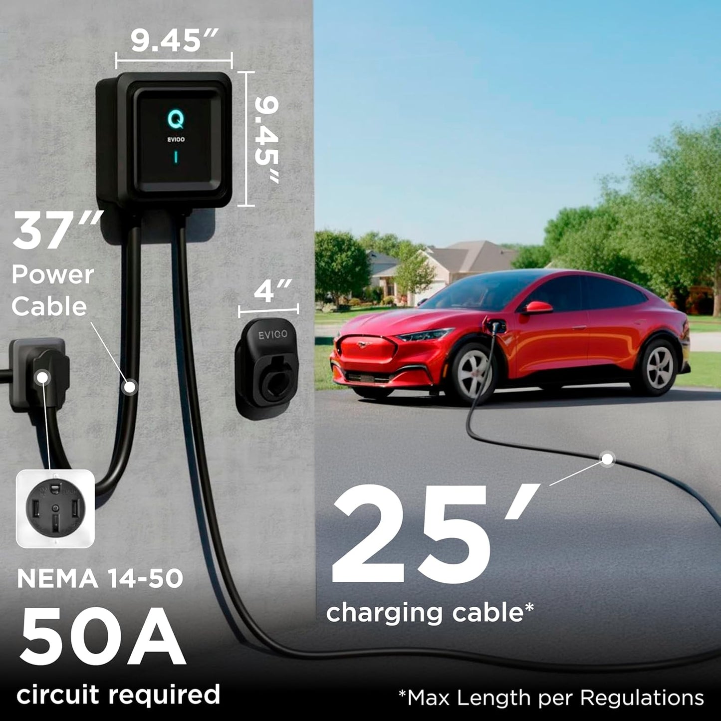 EVIQO Level 2 EV Charger, 40A (9.6kW), 240V, NEMA 14-50 Plug-in, J1772 for Non-Tesla EVs