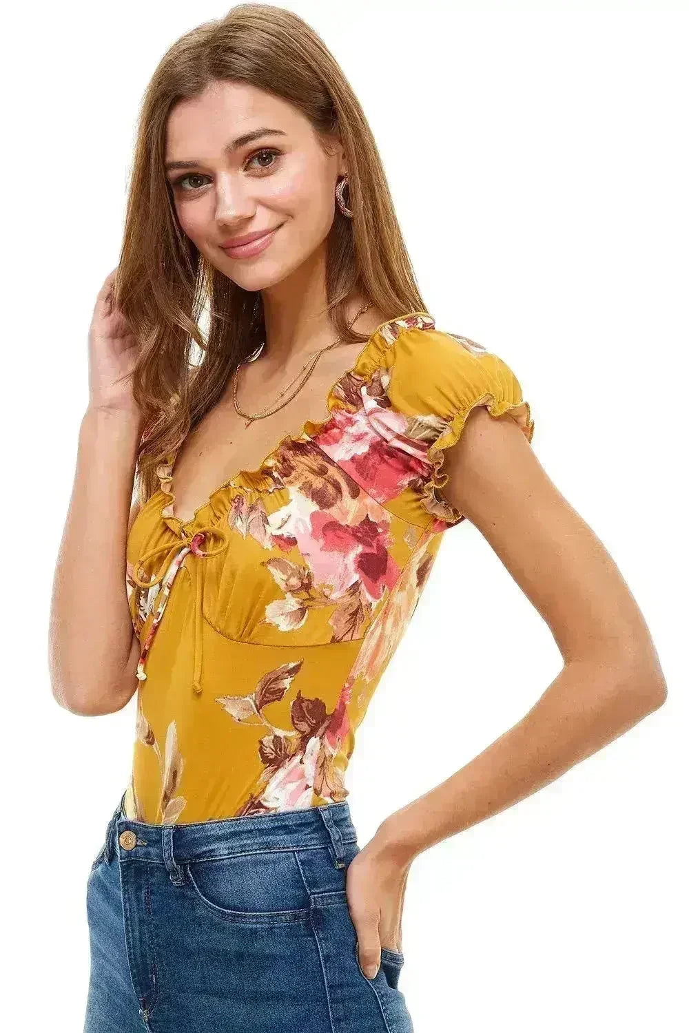 Floral Print Peasant Puff Sleeve Bodysuit USA - Femstylo