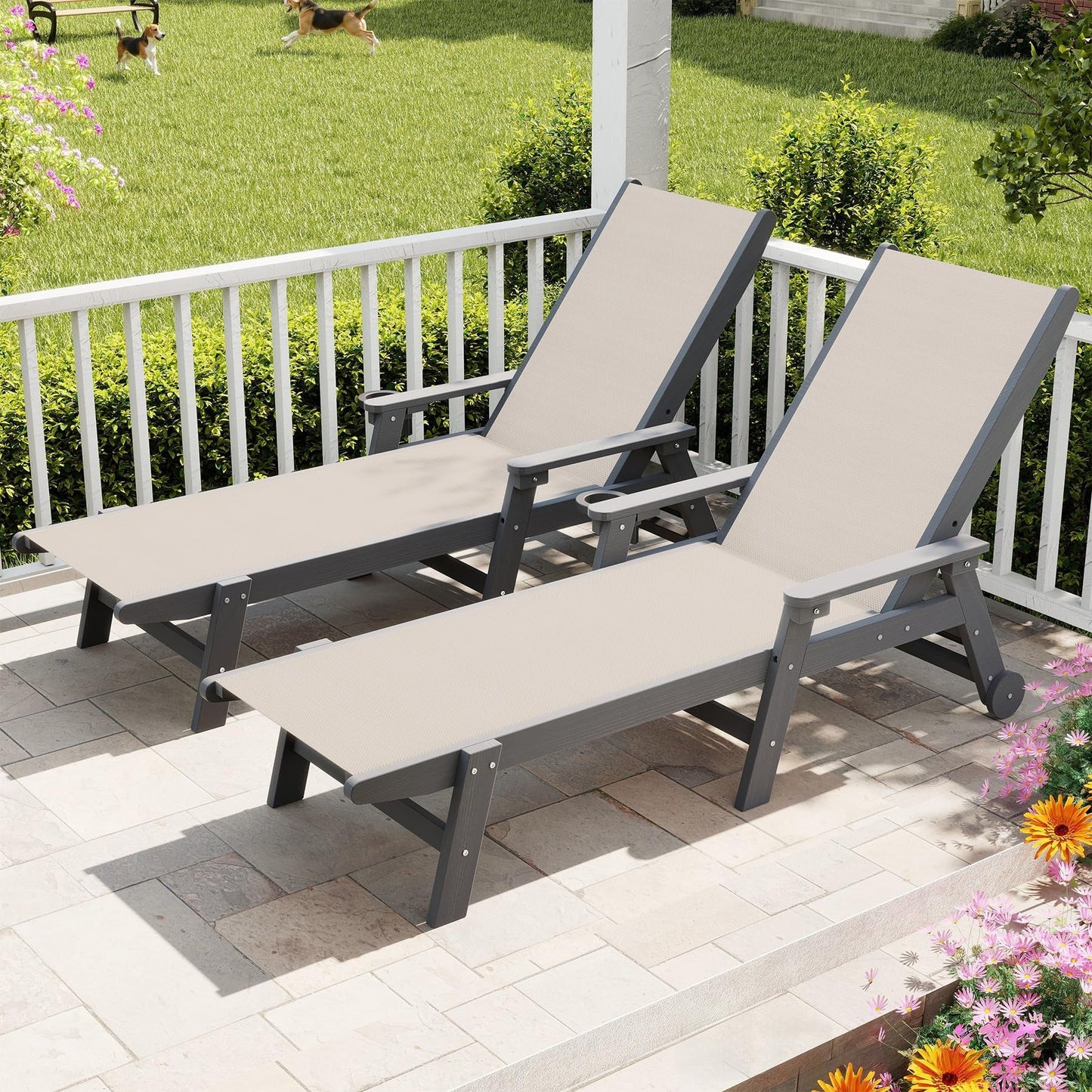 Outdoor Pool Lounge Chairs Set of 2 with HDPE Frame and Adjustable Backrest
