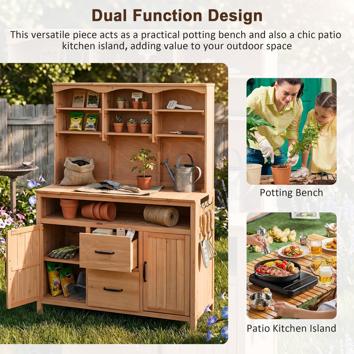 TOPMAX Large Fir Wood Potting Bench with Hutch, Cabinets & Drawers